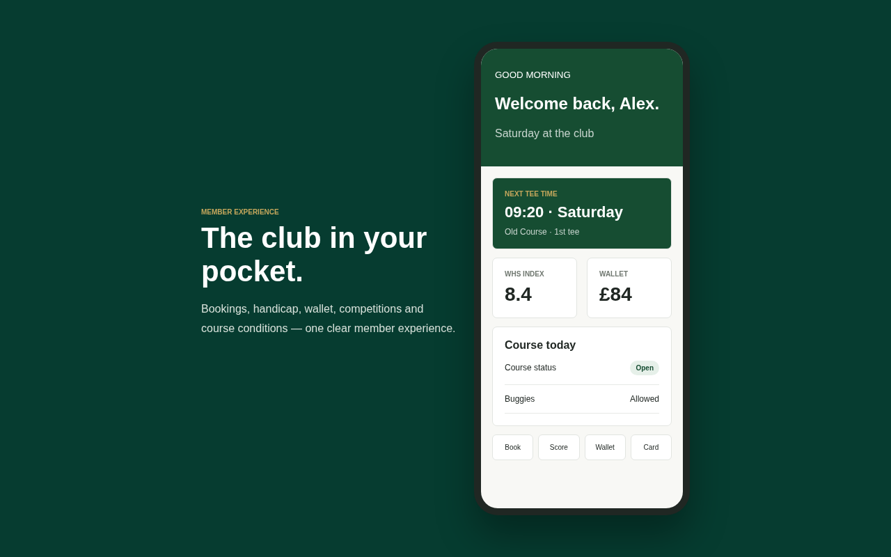 Club Driver member app dashboard showing handicap, tee time, wallet and course status