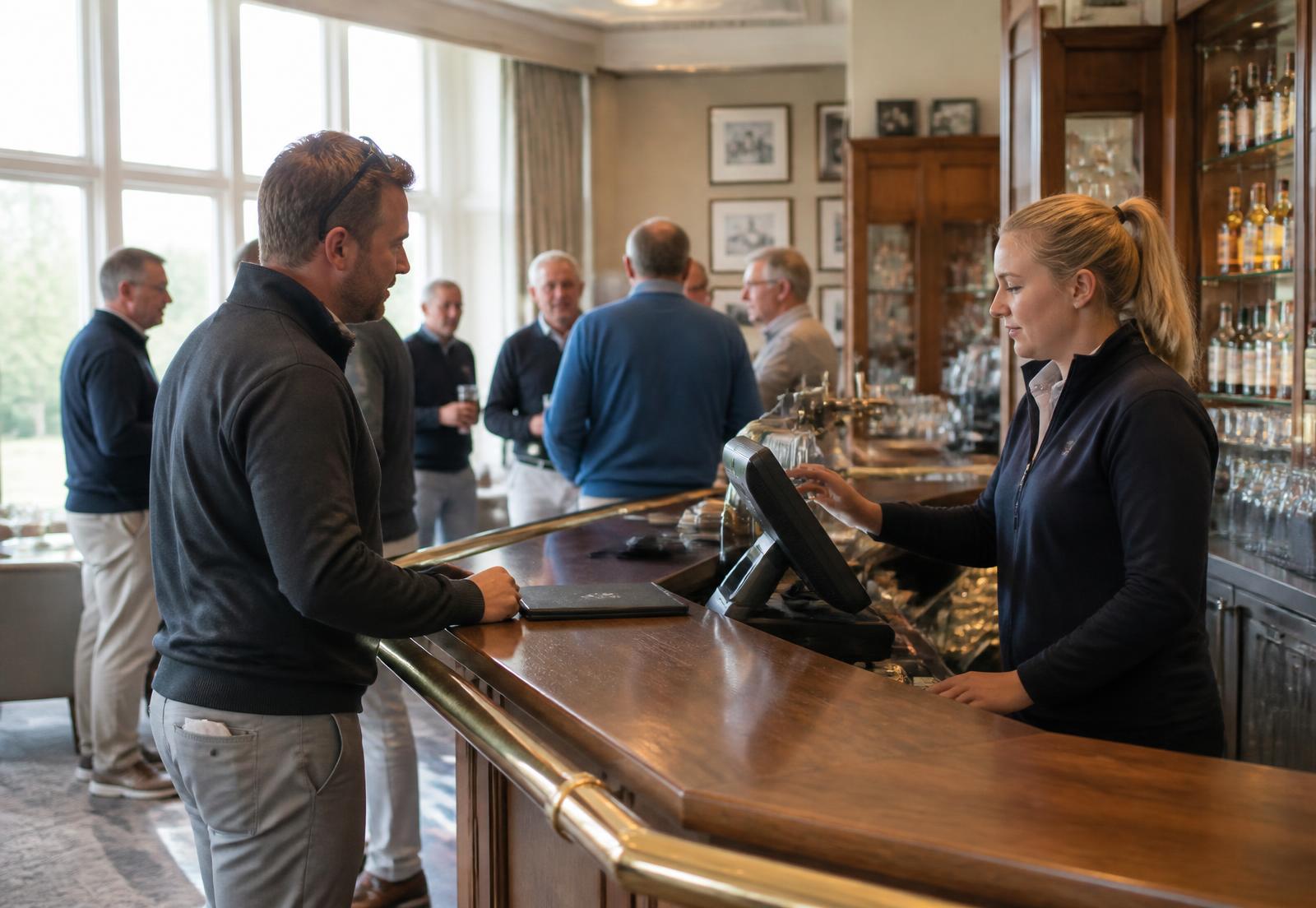 Bar staff serving members in a golf clubhouse
