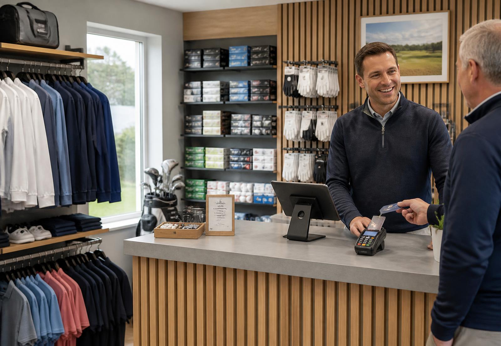 Golf professional serving a member at the pro shop counter